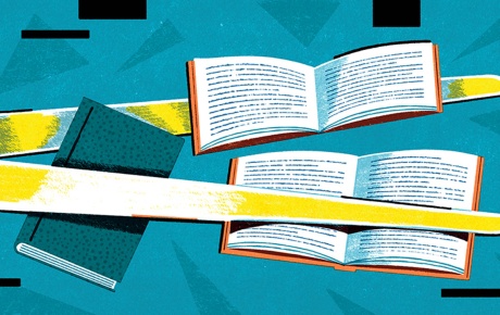 Illustration by Mar Hernández of scissors cutting books.