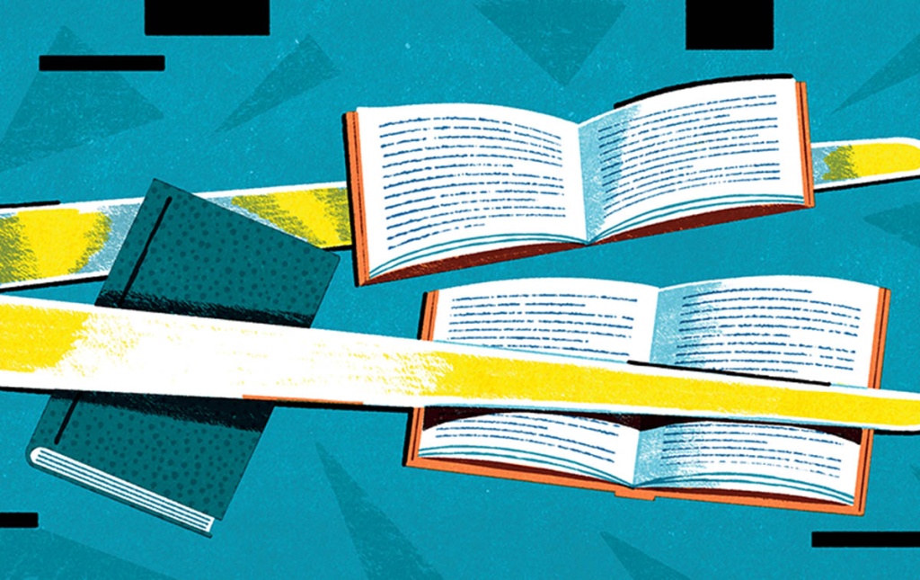 Illustration by Mar Hernández of scissors cutting books.