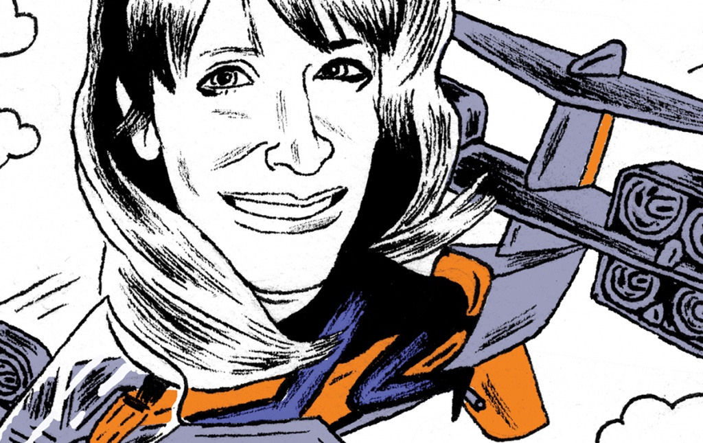 Drawing of Gwen Lighter &rsquo;91 in a flying device