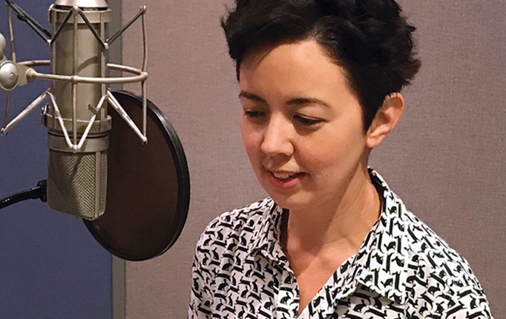 photo of Ellen Hendriksen &rsquo;99 recording a podcast