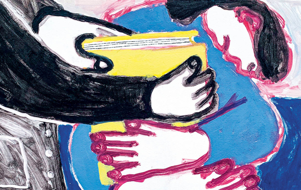 Illustration by Lena Yokoyama of arms holding a book.