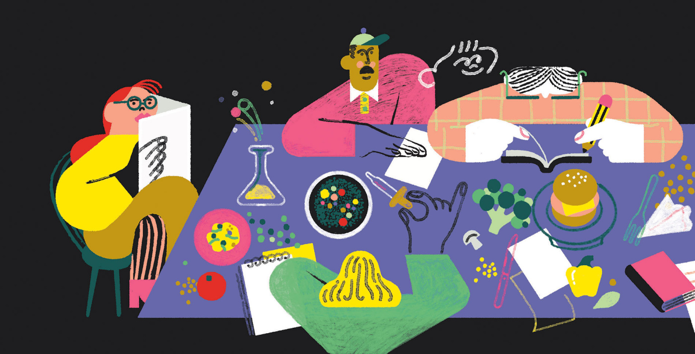 Illustration by Antonio Uve of individuals at a table eating with books and charts surrounding them. 
