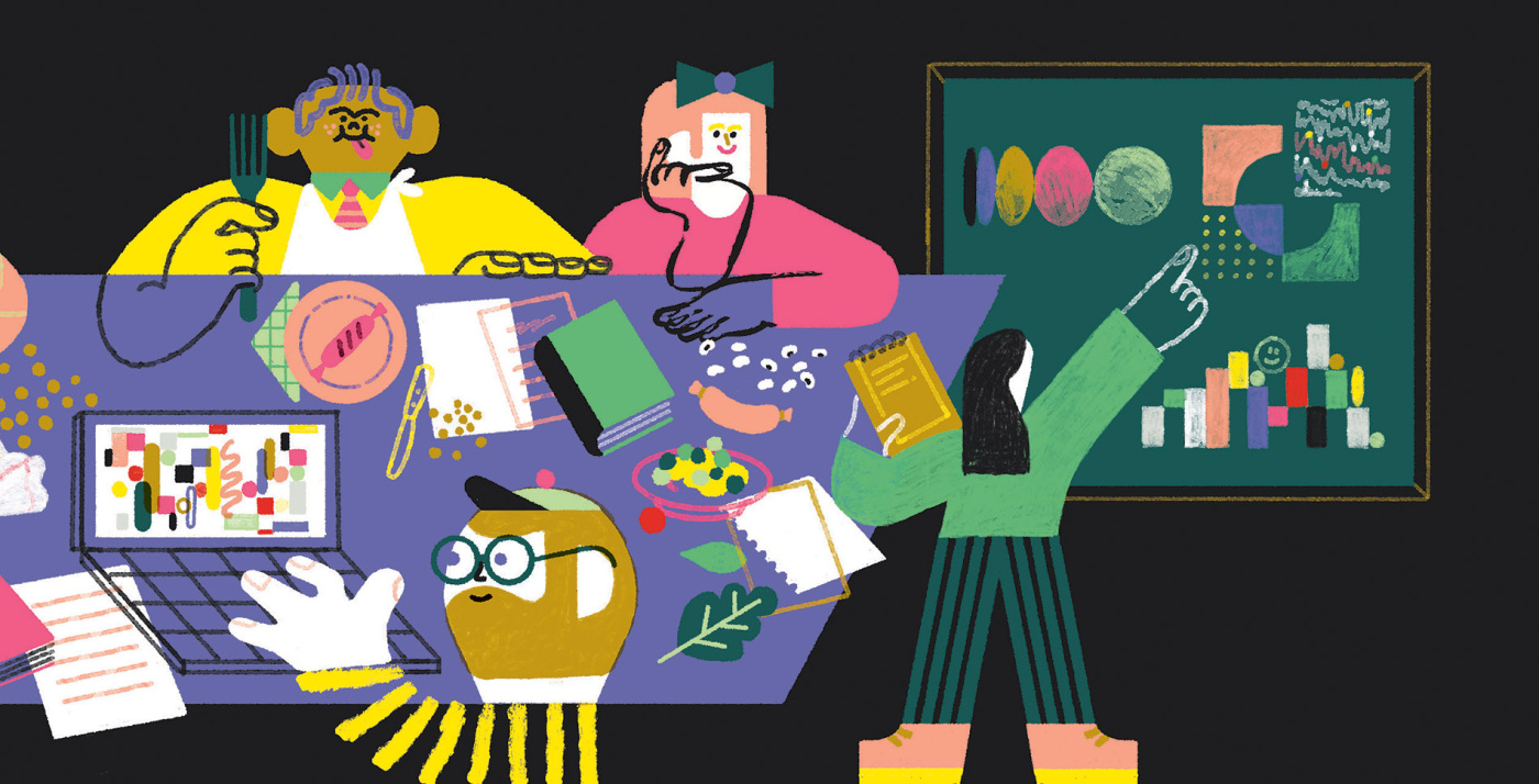Illustration by Antonio Uve of individuals at a table eating with books and charts surrounding them. 