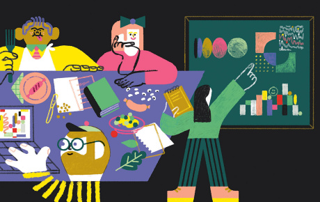 Illustration by Antonio Uve of individuals at a table eating with books and charts surrounding them. 