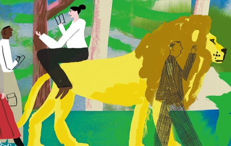 Illustration by Luke Best of a teacher teaching a class holding a book while riding a lion.