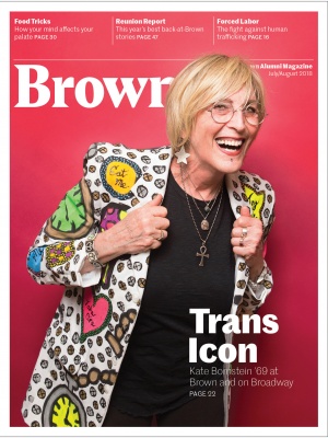 Image of the cover of the BAM's July/August 2018 issue, featuring a photo of Kate Bornstein &rsquo;69. The cover line "Trans Icon" is visible. 