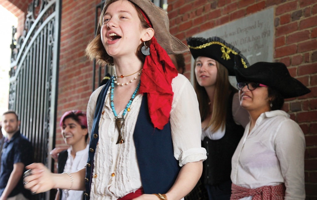 The Pirate Scummy (Charlotte Senders &rsquo;18) sings out during a Reunion event in May. 