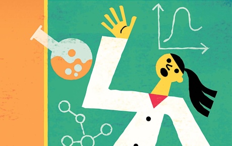 Illustration by Tim Cook of a professor with chalkboard behind and a beaker flying through the air. 