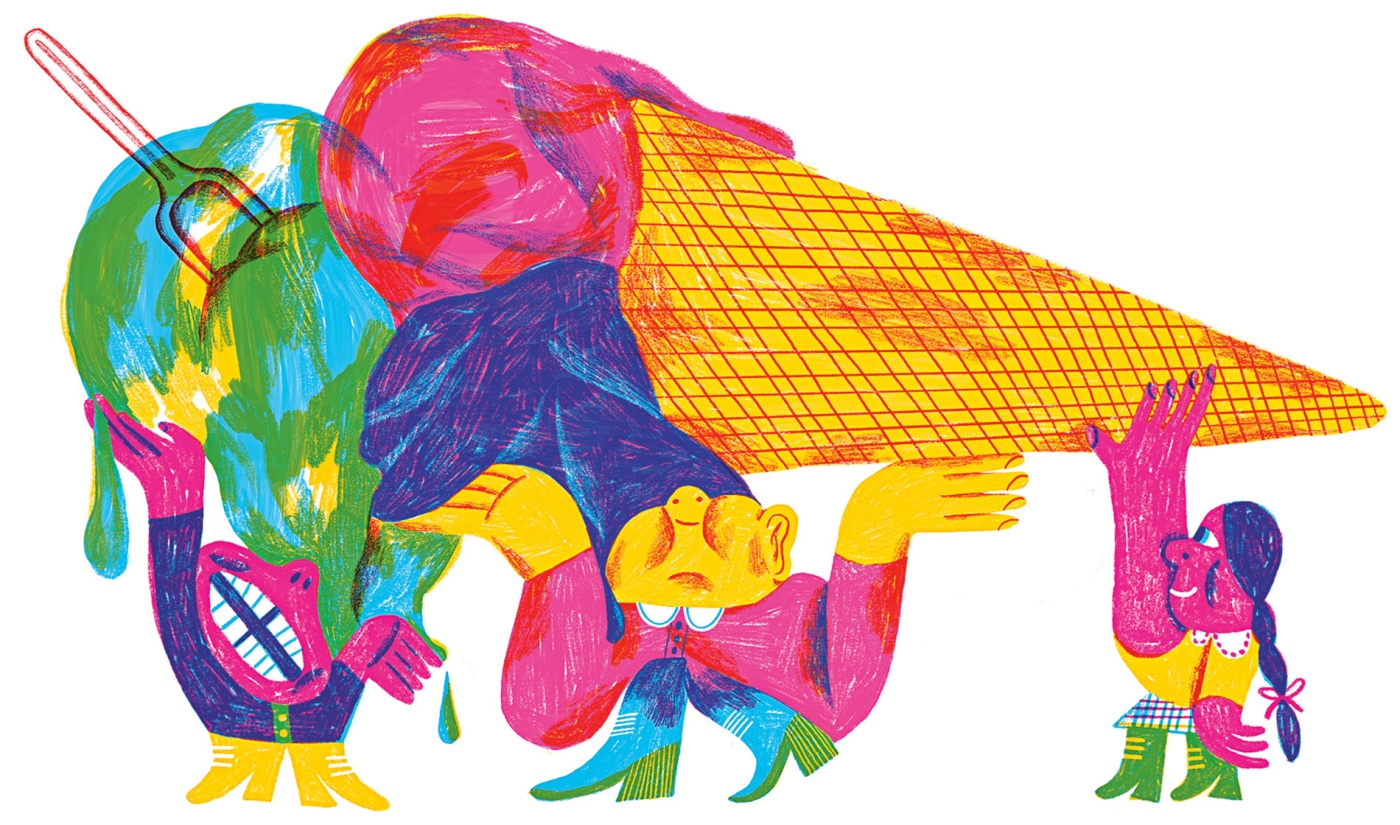 Illustration by Alic Piaggio of 3 characters holding up a life- ice cream cone