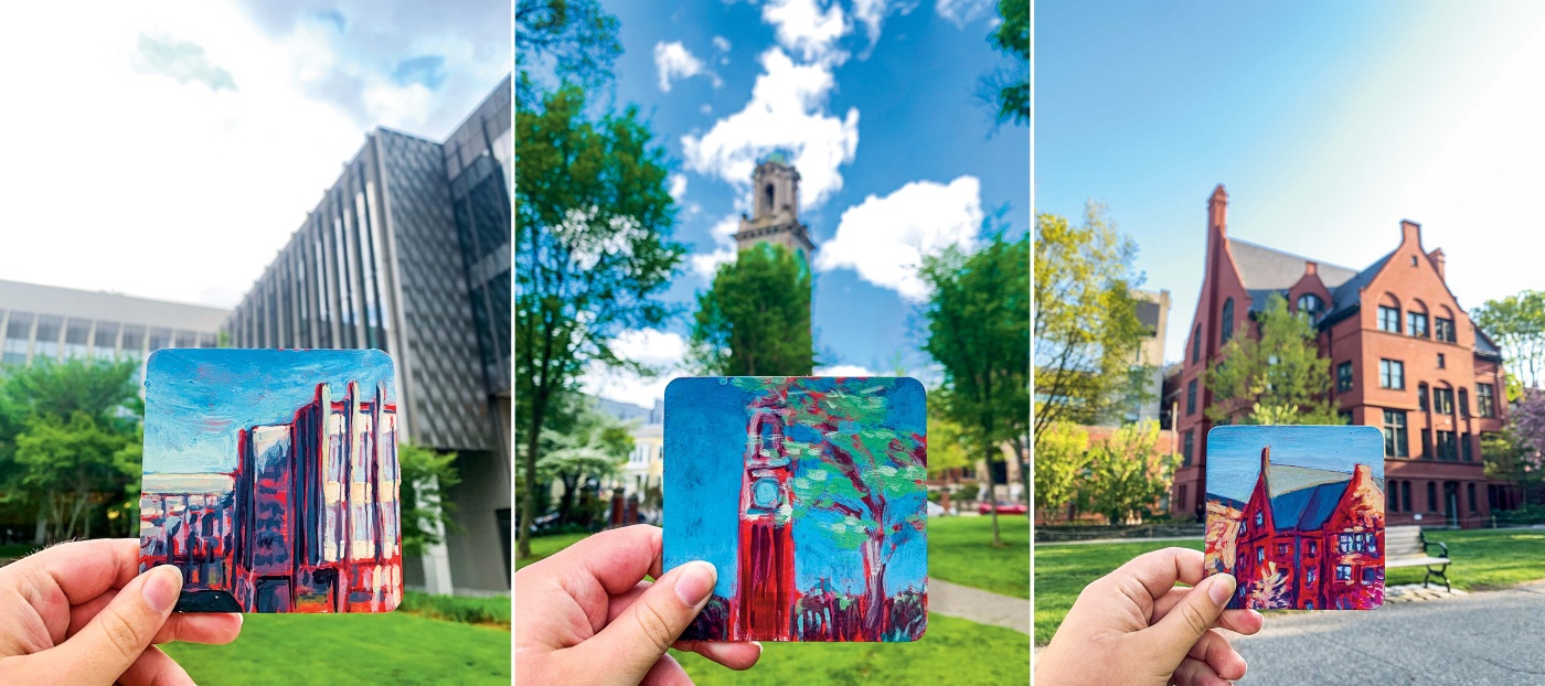 Paintings and photos of campus buildings by Hadley McCormack
