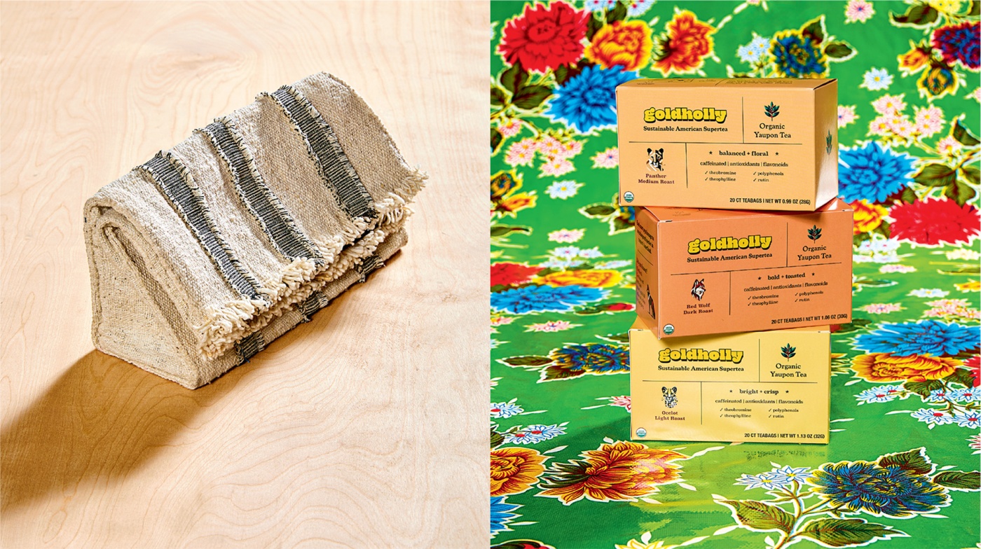 diptych with fabric clutch and tea boxes