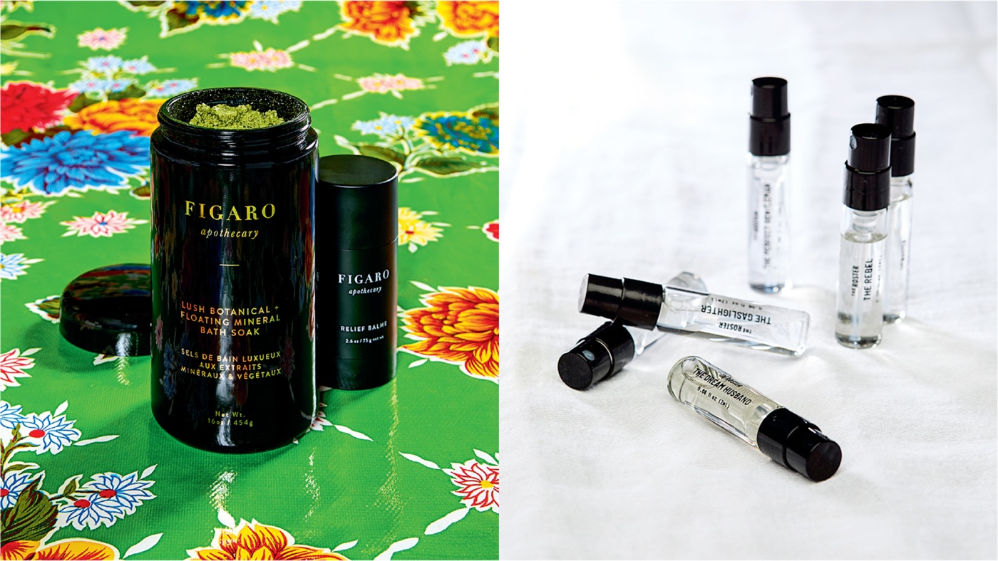 diptych with bath salts and perfume vials