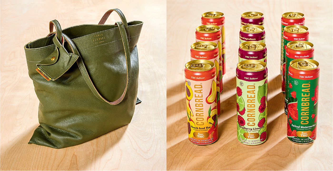 diptych with leather tote and array of spritzer cans