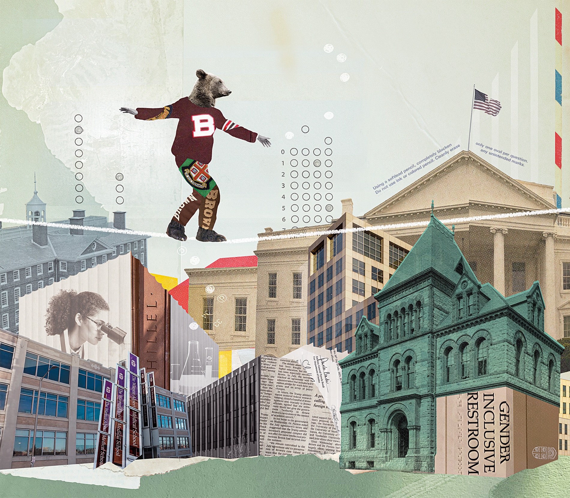 collage illo of Bruno on the high wire