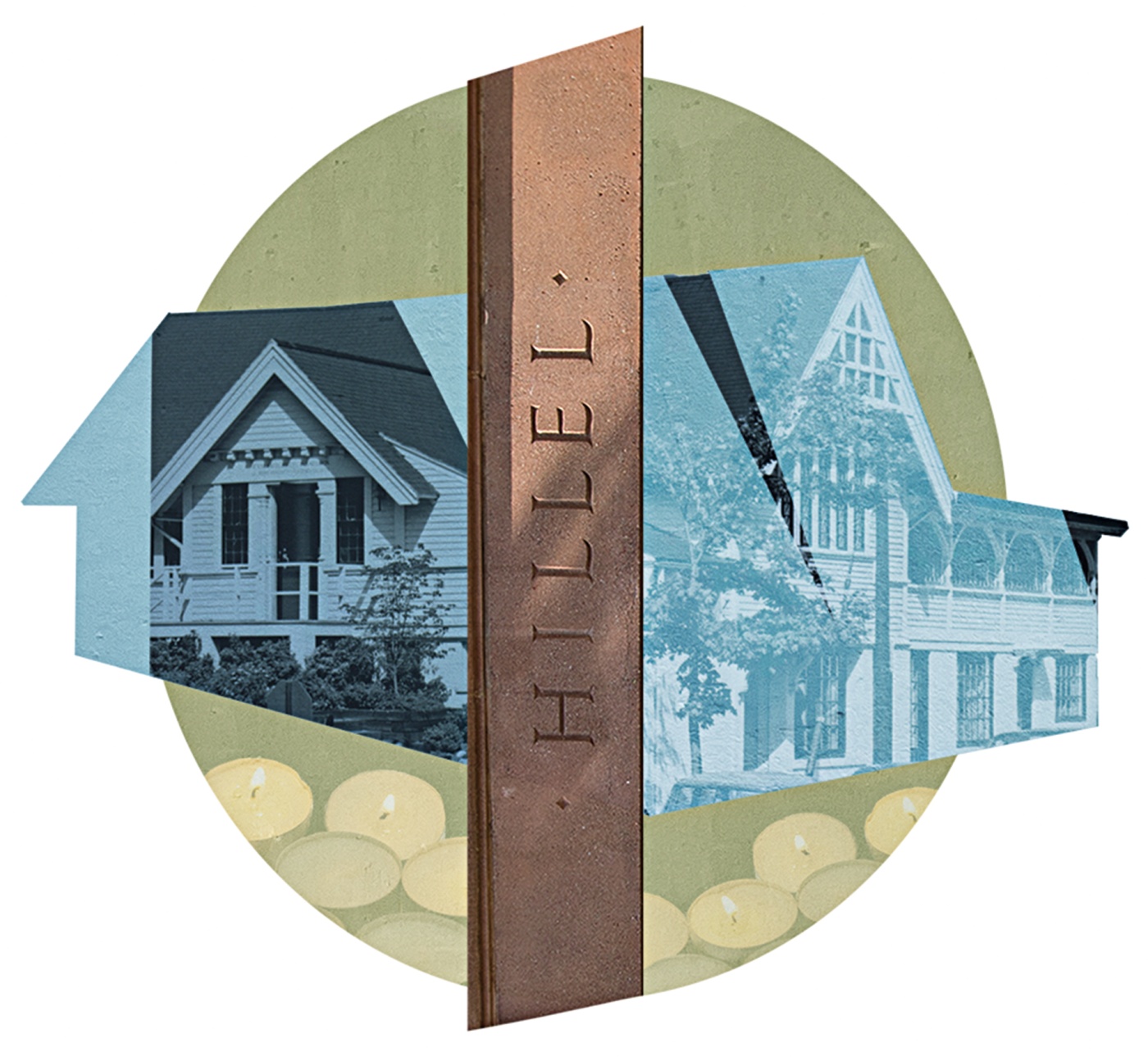 collage illo with elements relating to Hillel