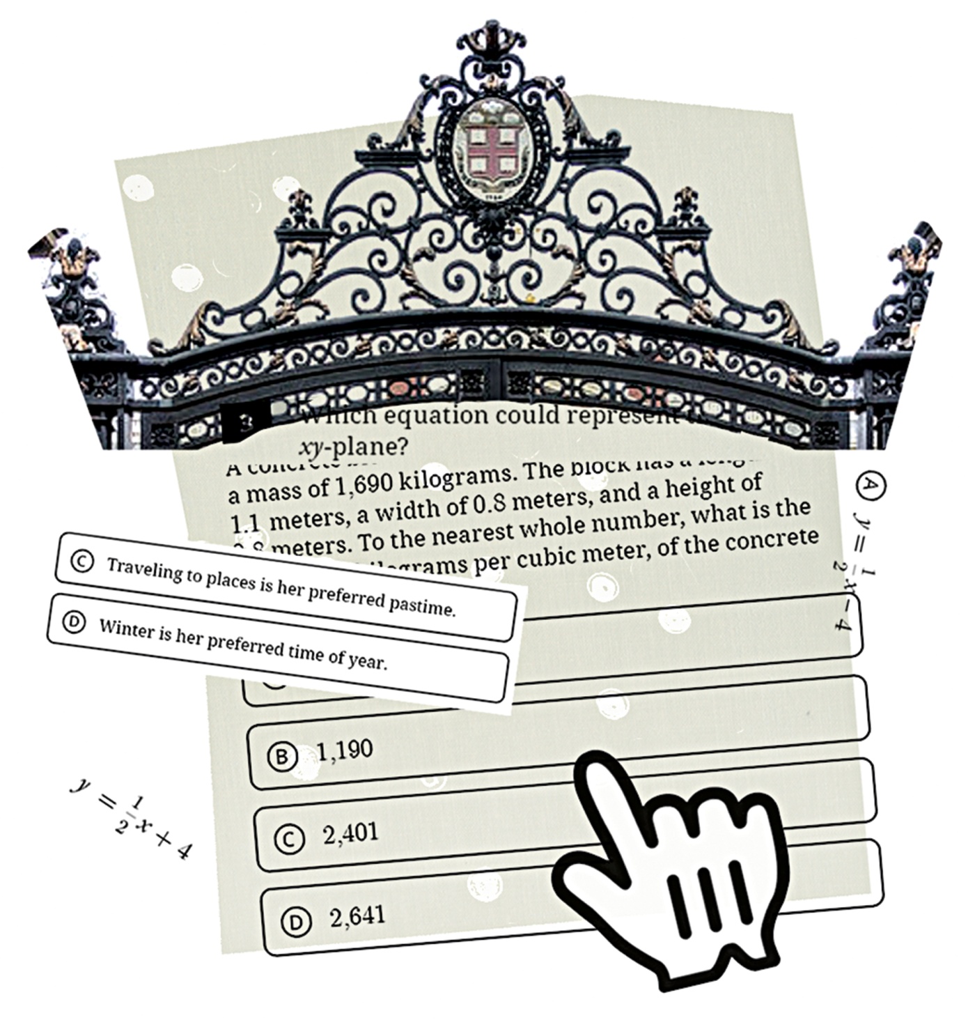 collage illo with elements relating to admissions and standardized testing