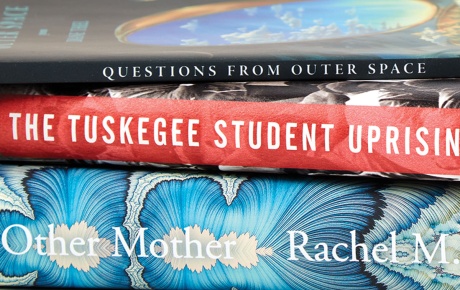 Image of the spines of books by Brian Jones &rsquo;95, Diane Thiel &rsquo;88, &rsquo;90 MFA, and Rachel M. Harper &rsquo;94