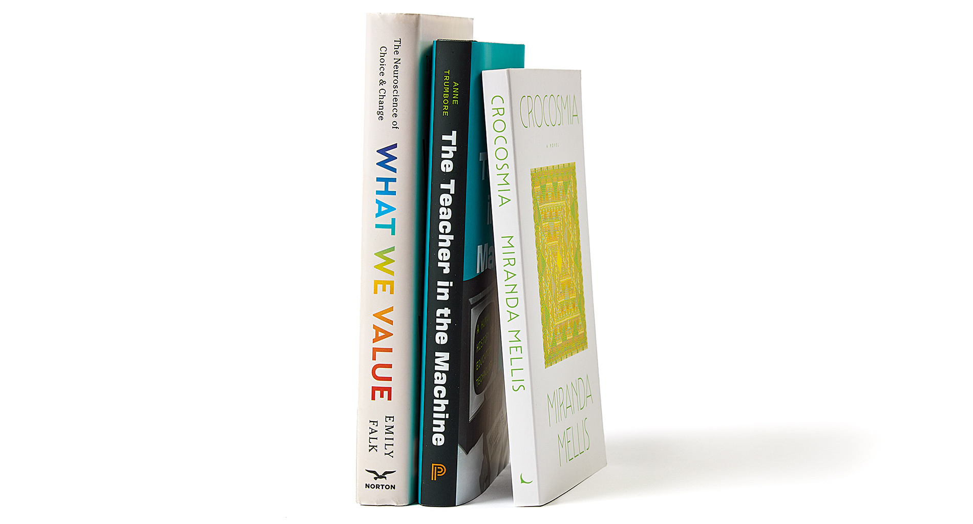 Book spines by Miranda Mellis, Anne Trumbore, and Emily Falk